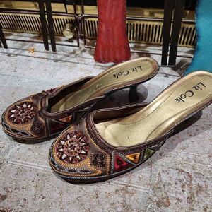 Liz Cole Boho Beaded Slip On Kitten Heels Calypso Bronze Women's Size 7